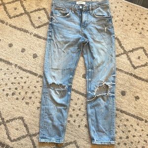 Zara women premium denim collection ankle length straight distressed jeans